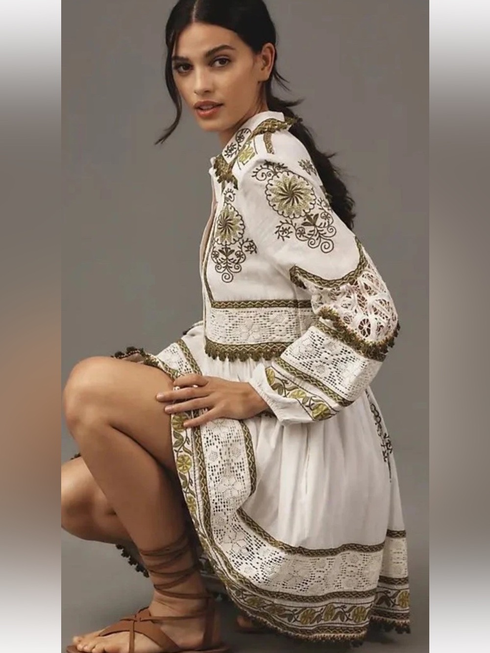 Maeve Anthropologie Embroidered Boho White Mini Dress Sz Medium